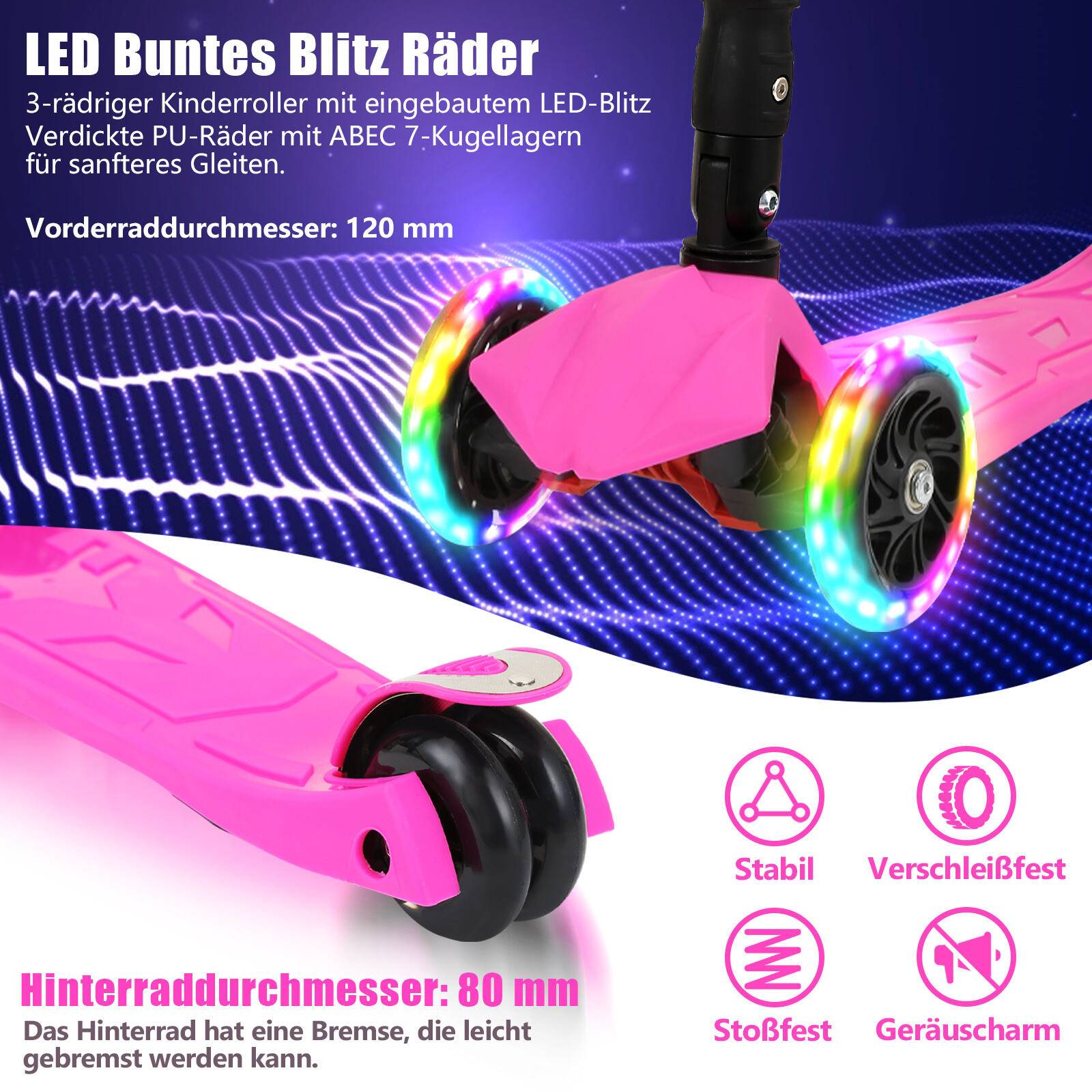 Kinderroller Klappbar Tretroller Cityroller LED Räder Kickscooter Dreiradscooter Höhenverstellbar Rosa