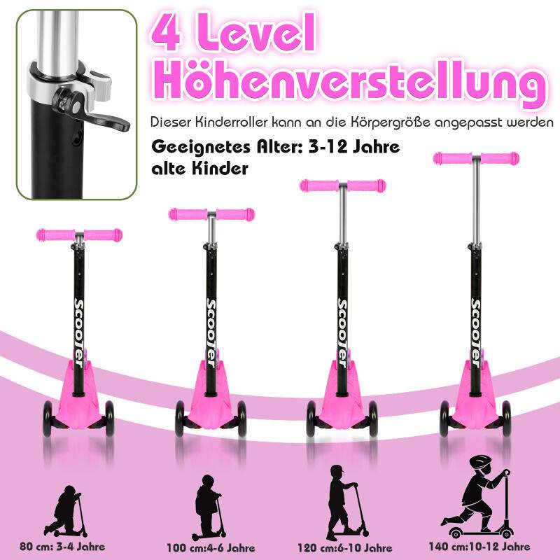 Kinderroller Tretroller Cityroller LED Räder Kickscooter Dreiradscooter Höhenverstellbar Rosa