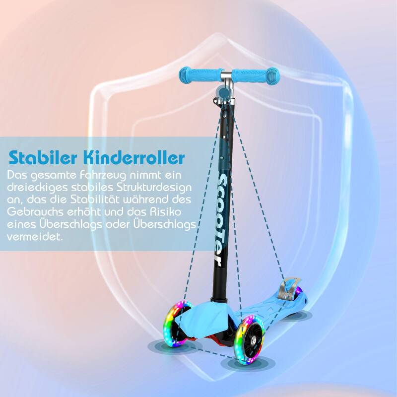 Kinderroller Tretroller Cityroller LED Räder Kickscooter Dreiradscooter Höhenverstellbar Blau