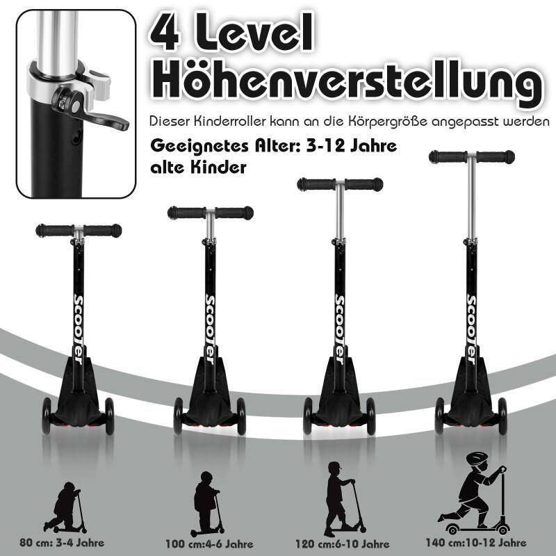 Kinderroller Tretroller Cityroller LED Räder Kickscooter Dreiradscooter Höhenverstellbar Schwarz
