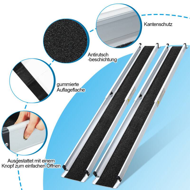 Rollstuhlrampe 213cm Auffahrrampe bis 300KG Anti-Rutsch Alu Verladerampe Tragbare Schwellenrampe für Rollatoren Rollstühle