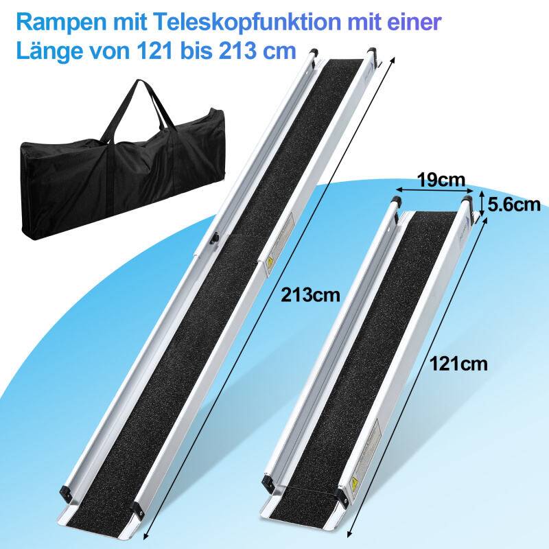 Rollstuhlrampe 213cm Auffahrrampe bis 300KG Anti-Rutsch Alu Verladerampe Tragbare Schwellenrampe für Rollatoren Rollstühle