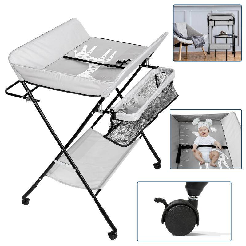 Klappbarer Baby Wickeltisch Wickelkommode Wickelregal Wickelkombination Höhenverstellbarer mit Aufbewahrungskorb Grau