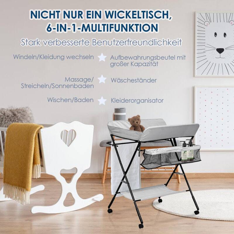 Klappbarer Baby Wickeltisch Wickelkommode Wickelregal Wickelkombination Höhenverstellbarer mit Aufbewahrungskorb Grau