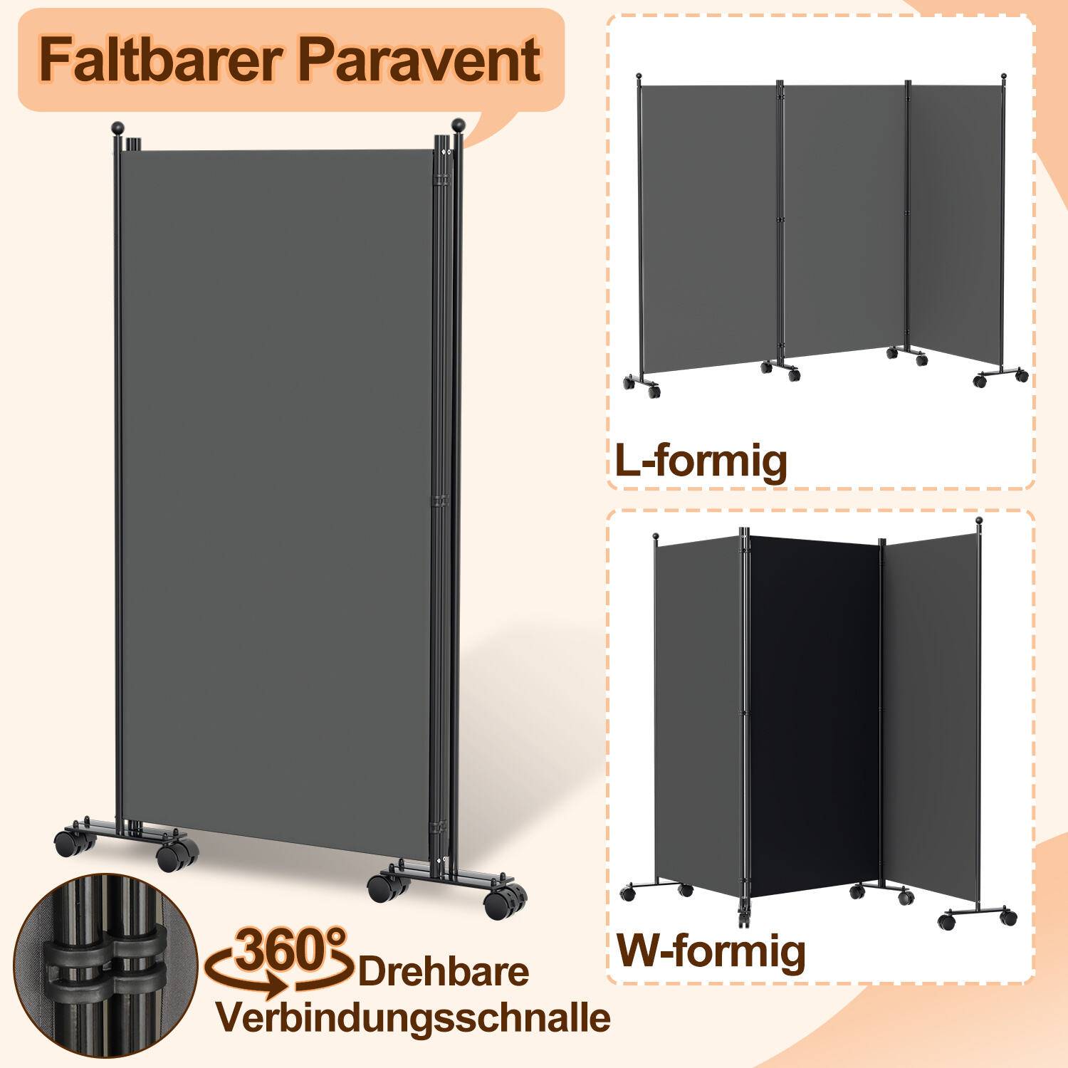 Paravent auf Rollen 5 teilig Anthrazit 284x181 cm Outdoor Raumteiler Garten Spanische Wand Trennwand Raumtrenner