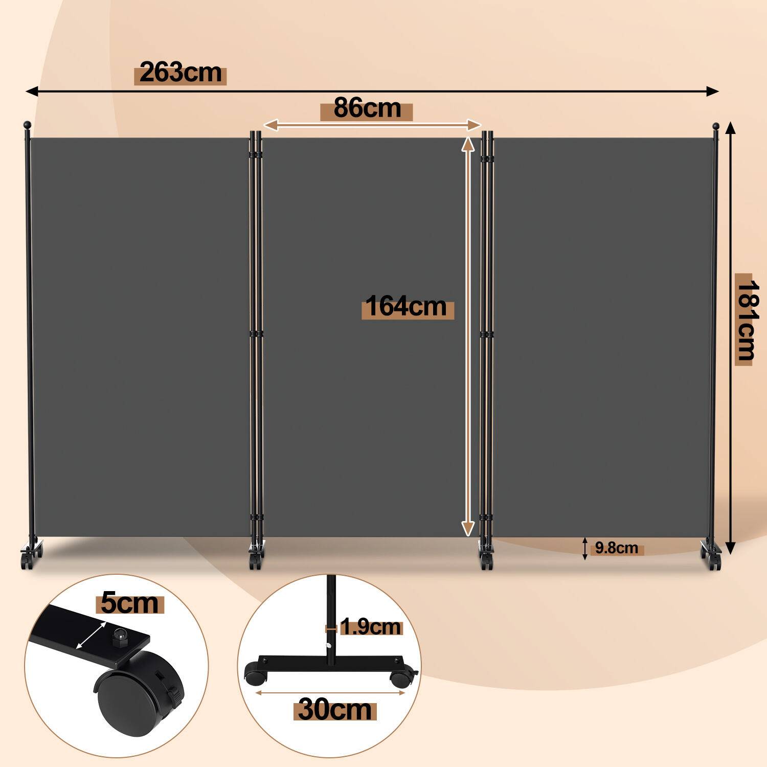 Paravent auf Rollen 3 teilig Anthrazit 263x181 cm Outdoor Raumteiler Garten Spanische Wand Trennwand Raumtrenner