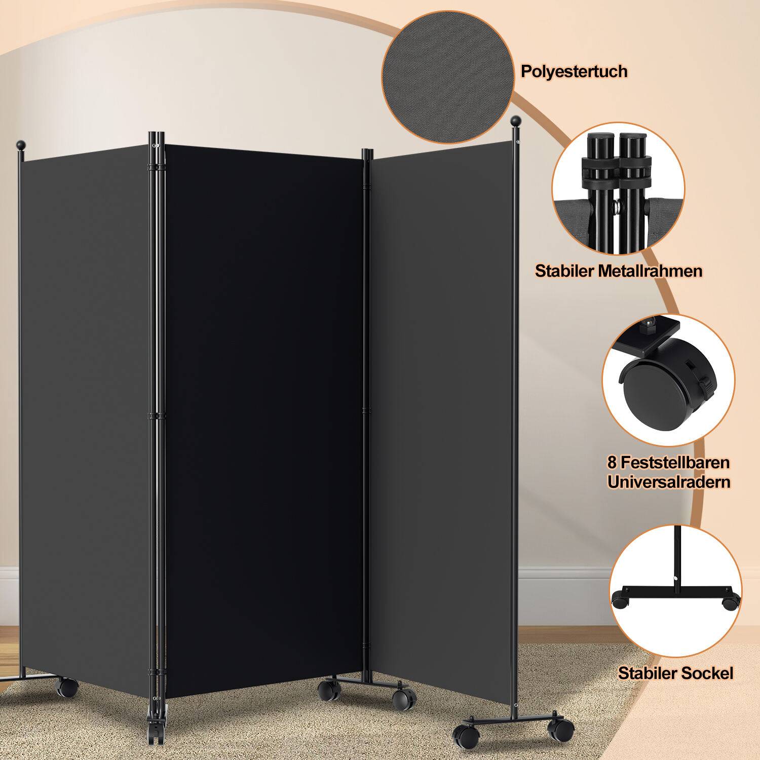 Paravent auf Rollen 3 teilig Anthrazit 263x181 cm Outdoor Raumteiler Garten Spanische Wand Trennwand Raumtrenner