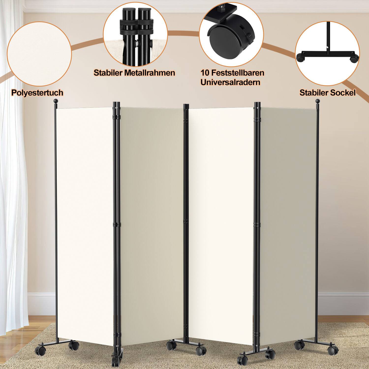 Paravent auf Rollen 4 teilig Beige 228x181 cm Outdoor Raumteiler Garten Spanische Wand Trennwand Raumtrenner