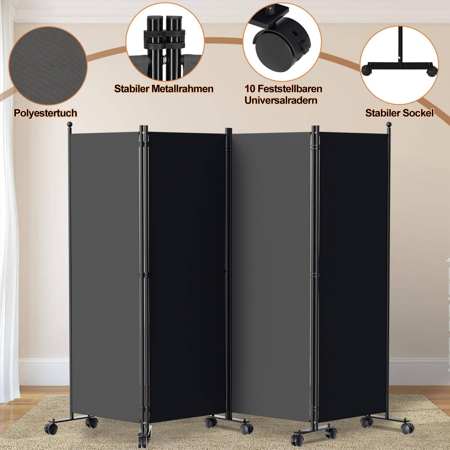Paravent auf Rollen 4 teilig Anthrazit 228x181 cm Outdoor Raumteiler Garten Spanische Wand Trennwand Raumtrenner