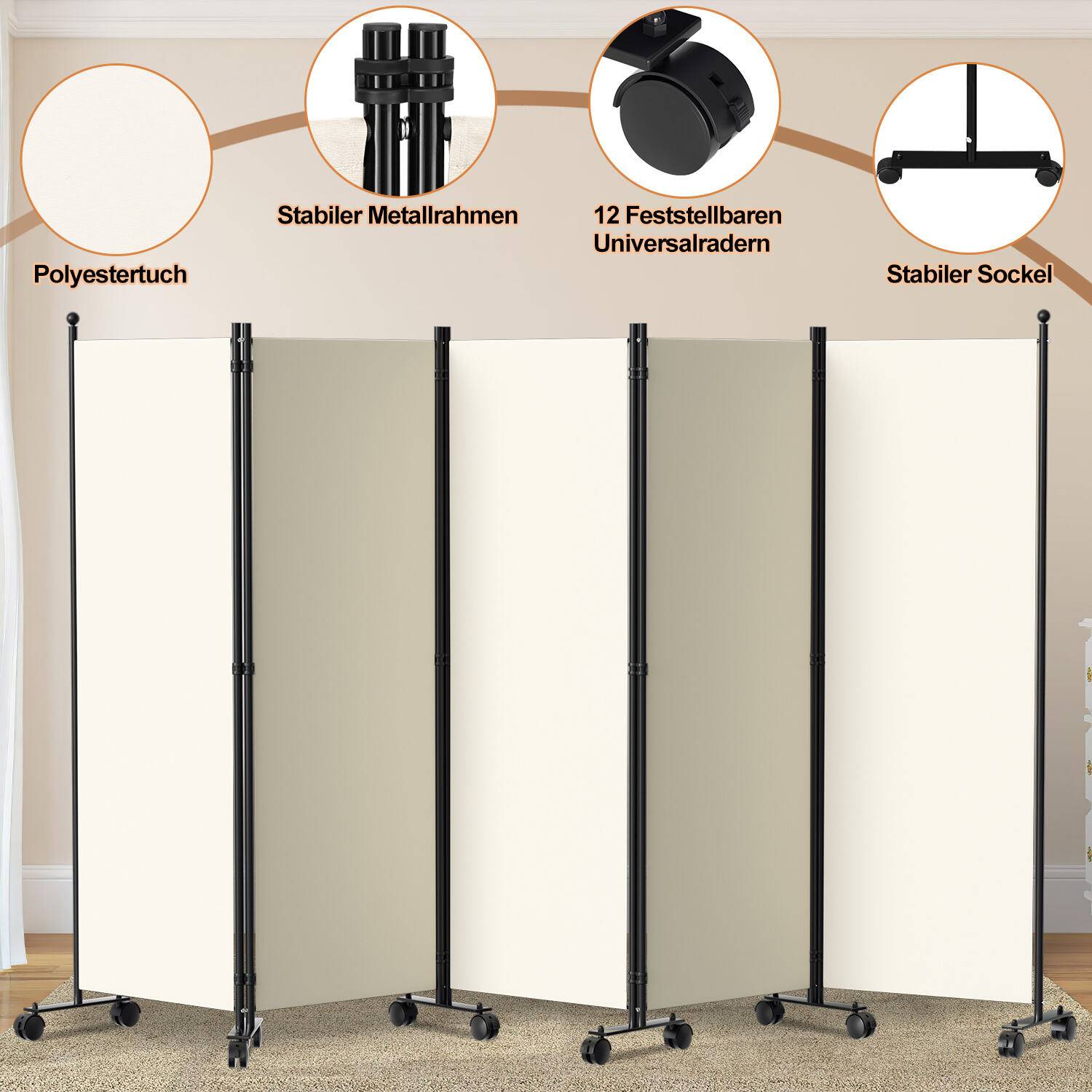 Paravent auf Rollen 5 teilig Beige 284x181 cm Outdoor Raumteiler Garten Spanische Wand Trennwand Raumtrenner