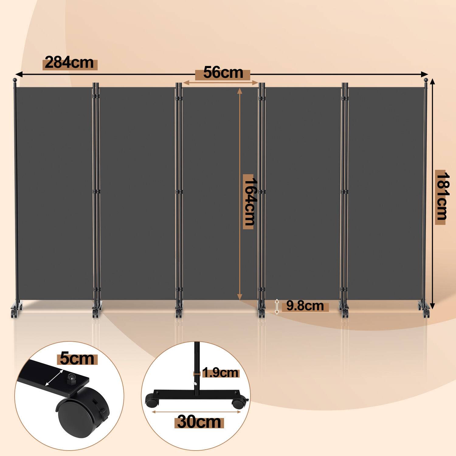 Paravent auf Rollen 5 teilig Anthrazit 284x181 cm Outdoor Raumteiler Garten Spanische Wand Trennwand Raumtrenner