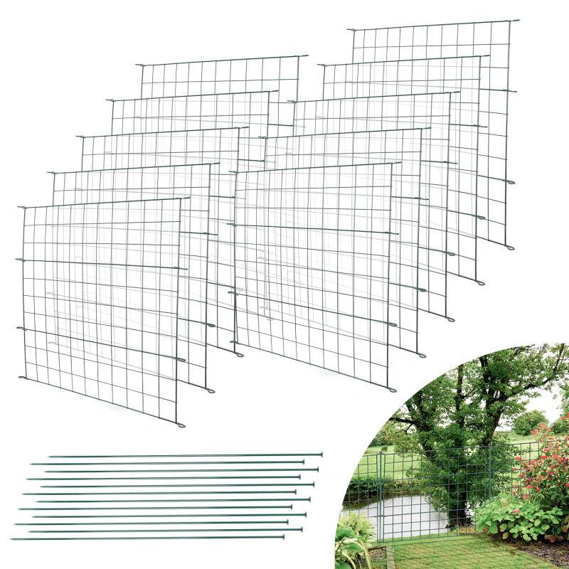 Teichzaun Gartenzaun, 22-er Set Zaun Teich mit 10 Zaunelemente und 12 Befestigungsstäben, Metallzaun Grün, Freigehege, Gartenzaun, Tiergehege (Gerad