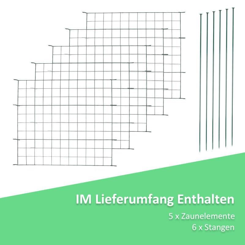 Teichzaun Gartenzaun, 22-er Set Zaun Teich mit 10 Zaunelemente und 12 Befestigungsstäben, Metallzaun Grün, Freigehege, Gartenzaun, Tiergehege (Gerad