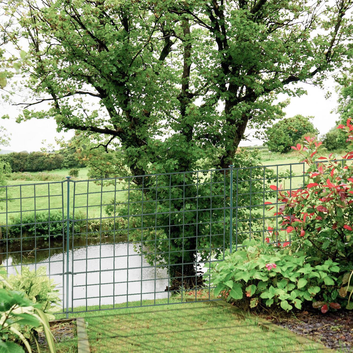 Teichzaun Gartenzaun, 22-er Set Zaun Teich mit 10 Zaunelemente und 12 Befestigungsstäben, Metallzaun Grün, Freigehege, Gartenzaun, Tiergehege (Gerad