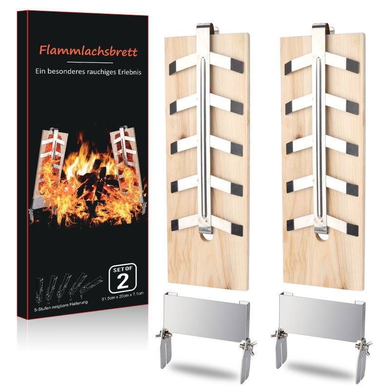 Flammlachsbrett Räucherbrett 2er Set Holzplatten mit sehr stabilen Halterungen