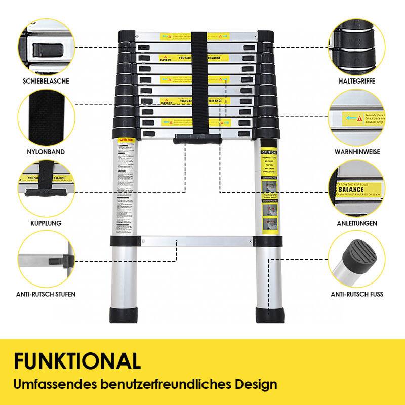 Teleskopleiter Ausziehleiter Klappleiter Stabil Aluminium Stehleiter 4,4m Silber ohne haken