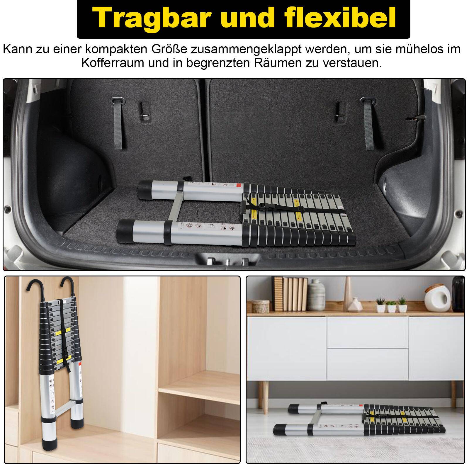 Teleskopleiter Ausziehleiter Klappleiter Stabil Aluminium Stehleiter 2,6m Silber mit haken