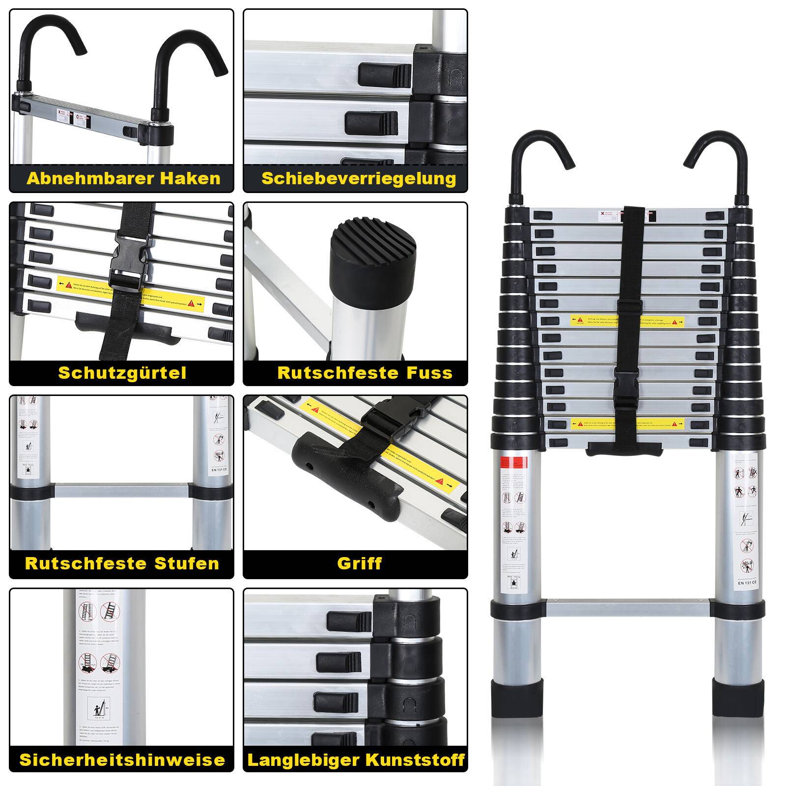 Teleskopleiter Ausziehleiter Klappleiter Stabil Aluminium Stehleiter 2,6m Silber mit haken