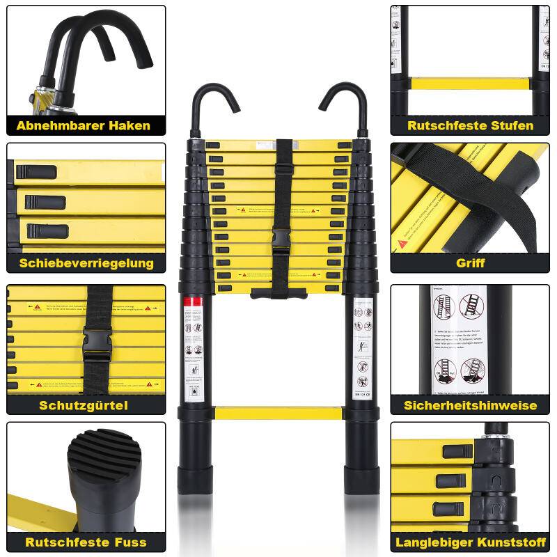 Teleskopleiter Ausziehleiter Klappleiter Stabil Aluminium Stehleiter 3,8m schwarz+gelb mit haken