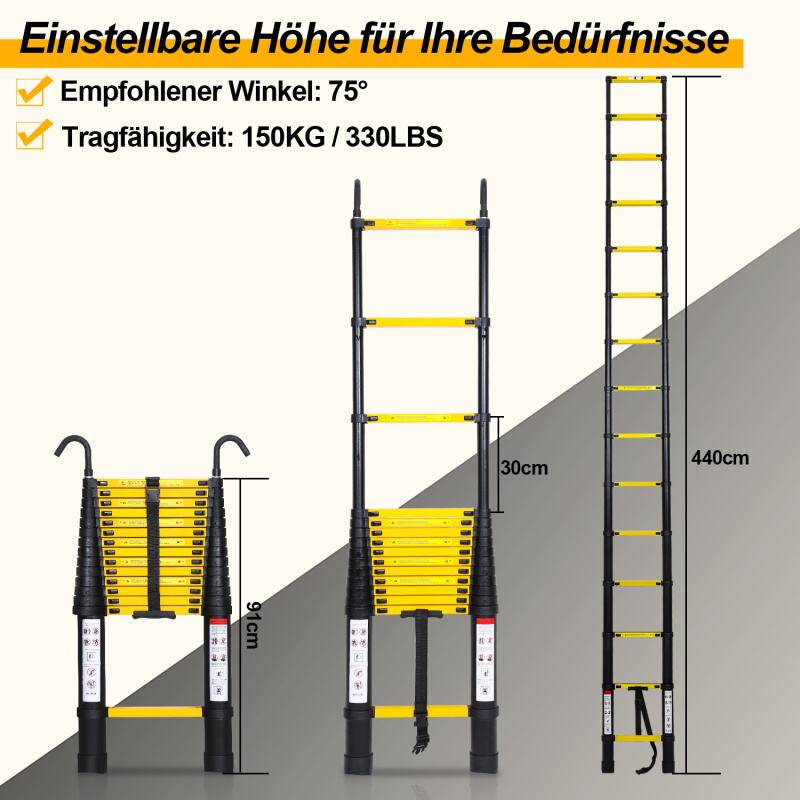 Teleskopleiter 4,4m mit haken Stehleiter Ausziehleiter Stabil Aluminium bis 150kg
