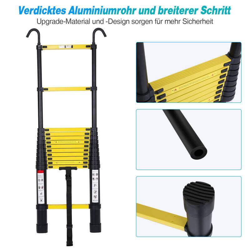 Teleskopleiter Ausziehleiter Klappleiter Stabil Aluminium Stehleiter 4,4m schwarz+gelb mit haken