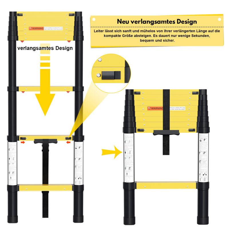 Teleskopleiter 3,2m Stehleiter Klappleiter Aluminium bis 150kg EIN-Knopf-Rückzugs Mit Haken