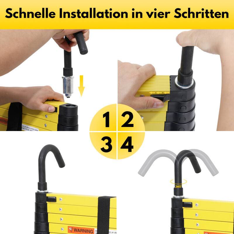 Teleskopleiter 3,2m Stehleiter Klappleiter Aluminium bis 150kg EIN-Knopf-Rückzugs Mit Haken