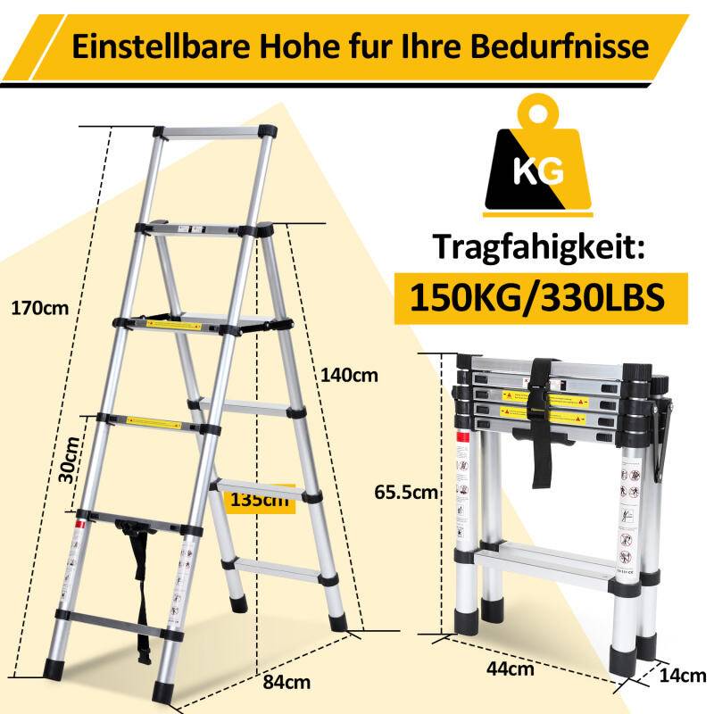Teleskopleiter Ausziehleiter Klappleiter Stabil Aluminium Stehleiter 1.4m+1.7m