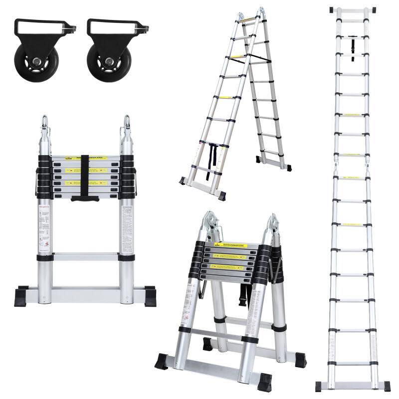 Teleskopleiter Ausziehleiter Klappleiter Stabil Aluminium Stehleiter 2,5m+2,5m Silber ohne haken Mit Stabilisator Mit Rädern
