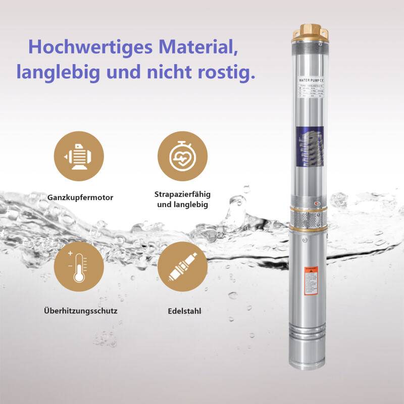Tiefbrunnenpumpe Deep Well Brunnenpumpe Tauchpumpe 4000 l/h 8.1bar 92mm 20m Kabel 8.1bar max 1.1kW