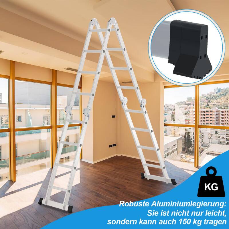Aluminium Multifunktionsleiter 4x4 470cm bis 150kg belastbar Verstellbar, Gelenkleiter Klappleiter Stehleiter Aluleiter mit Sicherheitsschlössern