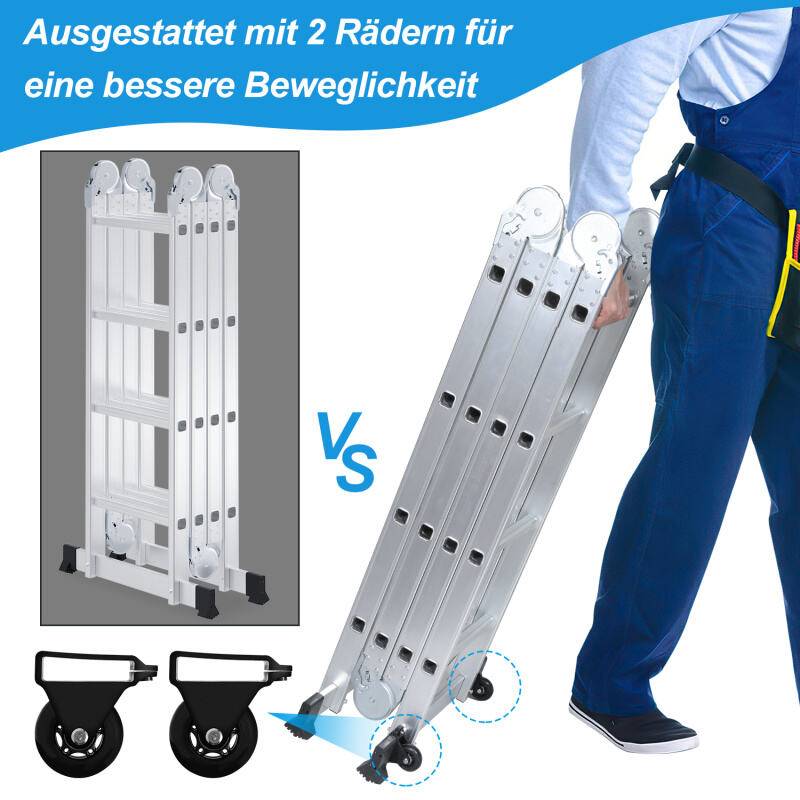 Aluminium Multifunktionsleiter 4x4 470cm bis 150kg belastbar Verstellbar, Gelenkleiter Klappleiter Stehleiter Aluleiter mit Sicherheitsschlössern