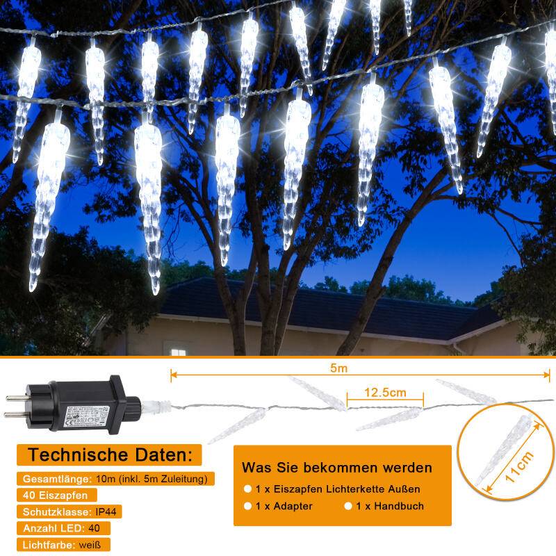 10m 40 LED Lichterkette Eiszapfen kaltweiß Gartenbeleuchtung IP44 Garten Deko Weihnachten