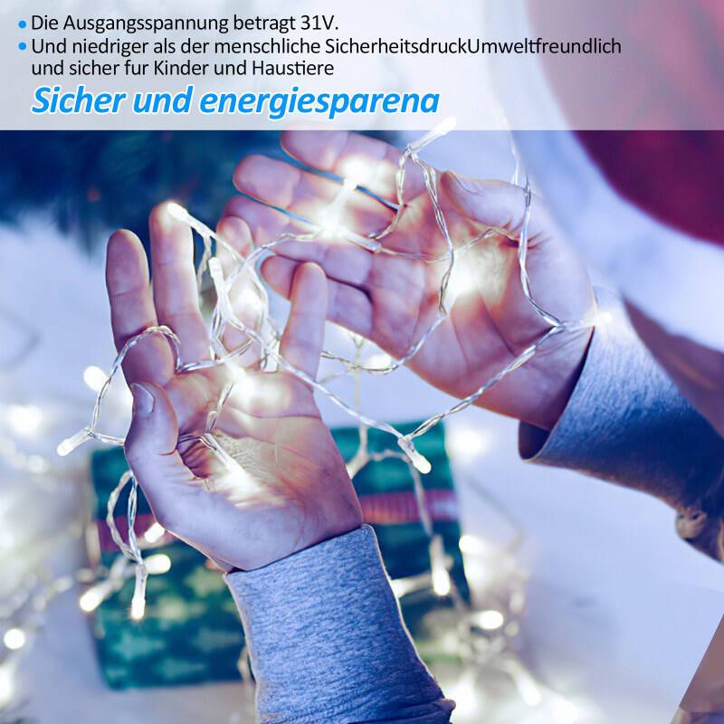 10M 100 LED Lichterkette Kaltweiß 8 Lichtmodi Party Garten Innen Außen Deko Weihnachtsbeleuchtung