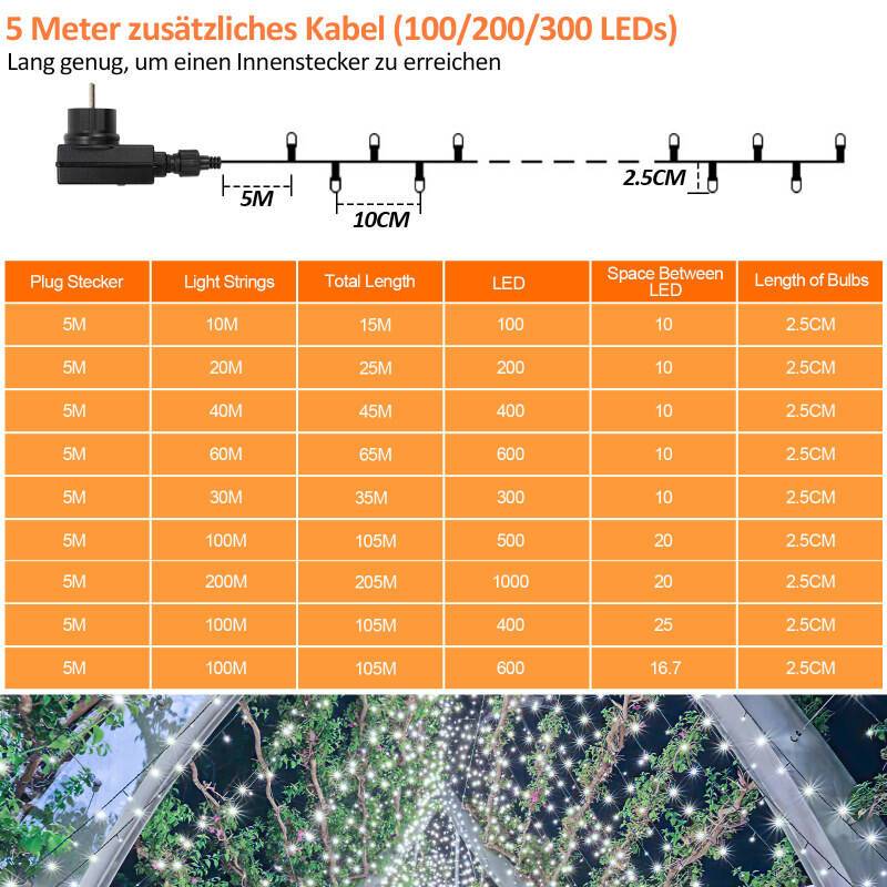 20m 200 Lichterkette LED Lichterkette IP44 Wasserdicht Weihnachtsbeleuchtung Kaltweiß