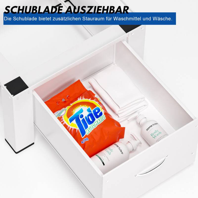 Waschmaschinen Untergestell mit Schublade, Waschmaschinen Untergestell aus Stahl bis 150kg Weiß