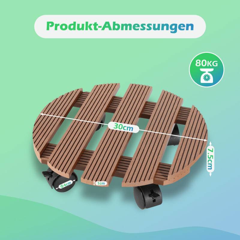 1x Pflanzenroller Blumenroller Rollbrett bis 80 Kg WPC 30 x 30 x 7.5 cm Rund Braun