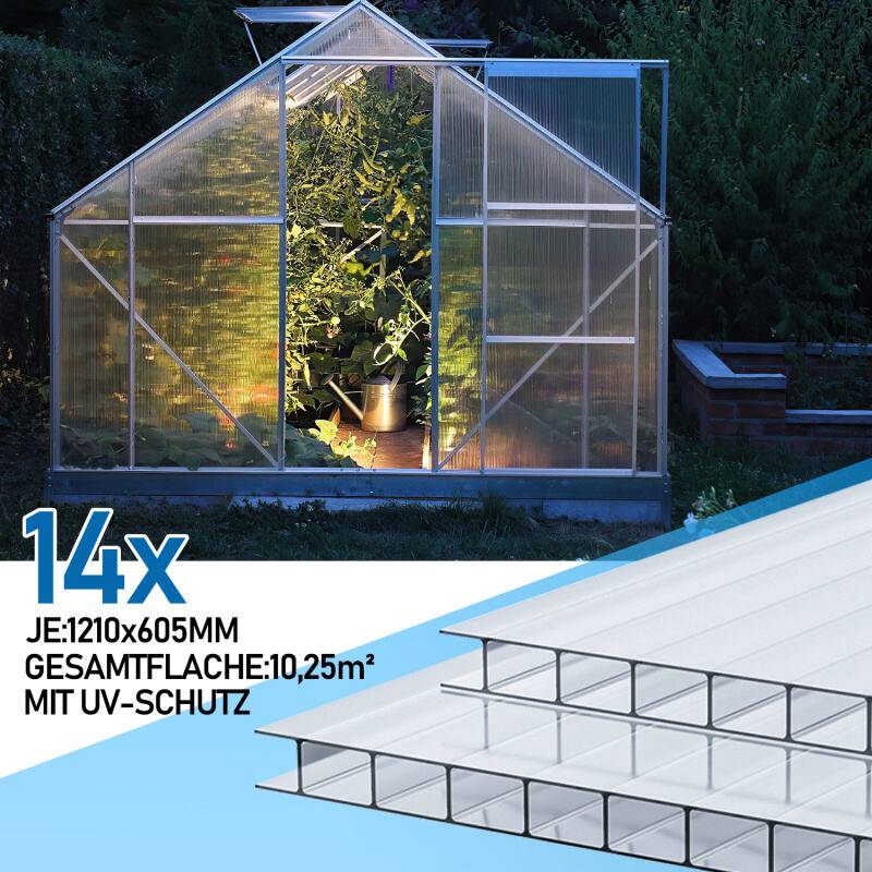 14x Polycarbonat Hohlkammerstegplatten 50x Edelstahl Gewächshausklammern 4mm 10,25 m² Doppelstegplatte 1210x605 Stegplatte Gewächshausplatte