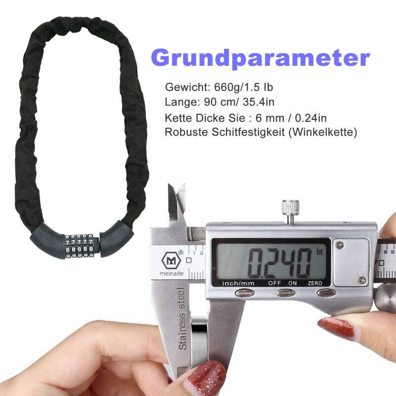 Fahrradschloss Zahlencode 6mm Stahlkettenglieder 5-stelliges Zahlenschloss Kettenschloss Motorradschloss Fahrrad Schloss E-Bike, 90cm