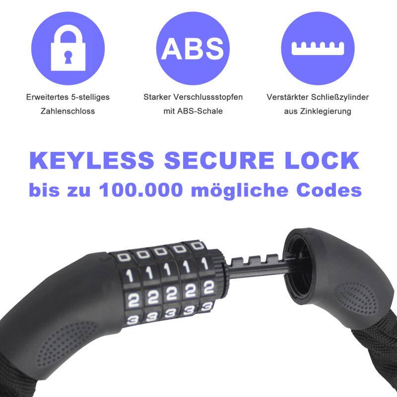 Fahrradschloss Zahlencode 6mm Stahlkettenglieder 5-stelliges Zahlenschloss Kettenschloss Motorradschloss Fahrrad Schloss E-Bike, 90cm