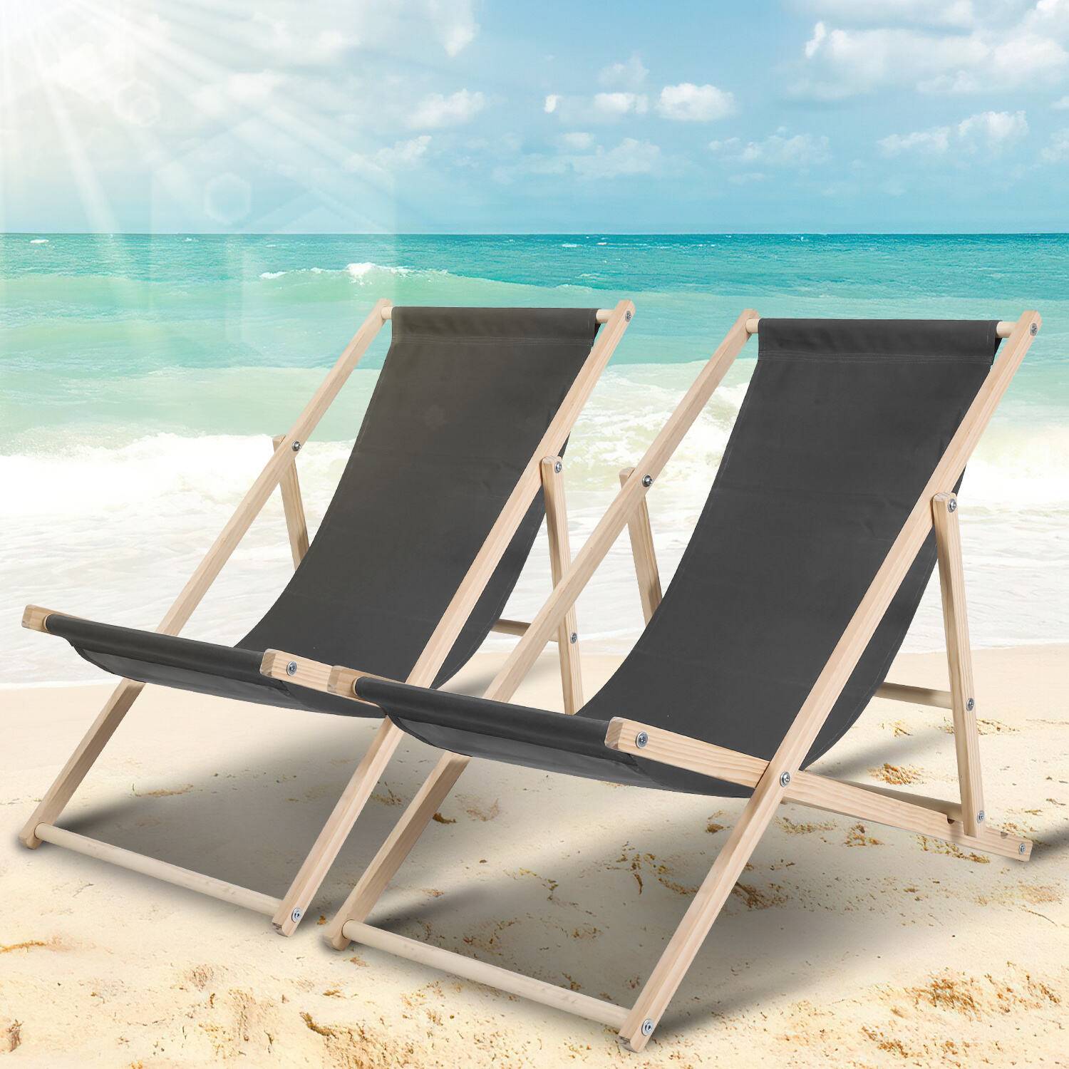 Liegestuhl 2X Strandliegestuhl Holz Klappbar Stuhl Holzliege klappliege Stoff Grau
