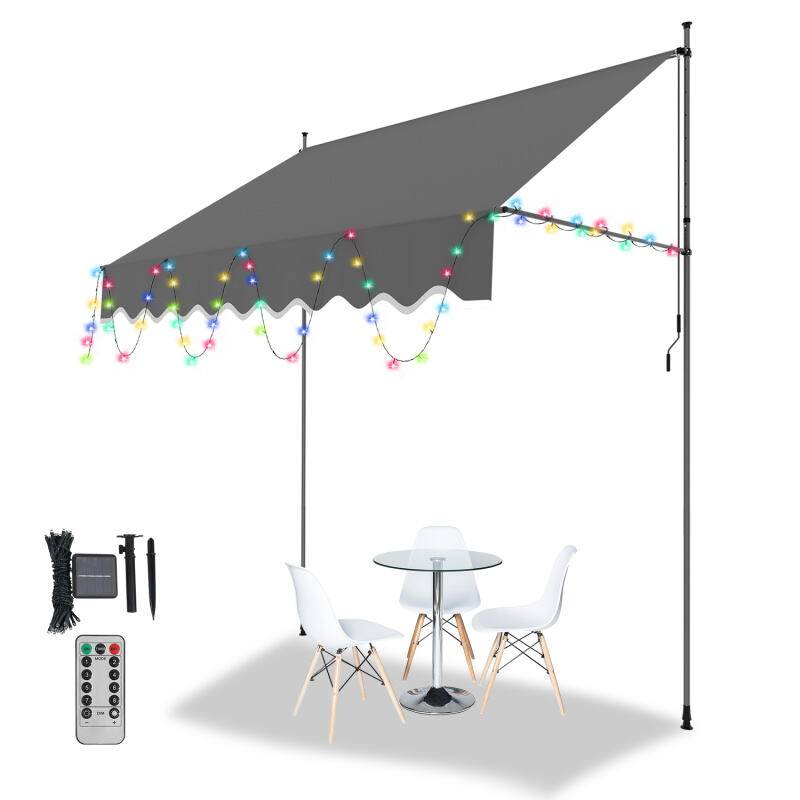 Markise mit LED ohne Bohren Klemmmarkise Balkonmarkise für Terrasse Balkon 200cm Grau