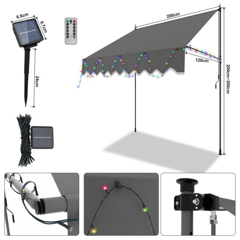 Markise mit LED ohne Bohren Klemmmarkise Balkonmarkise für Terrasse Balkon 200cm Grau