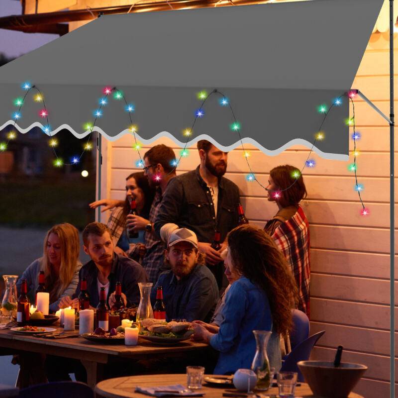 Markise Klemmmarkise mit LED Höhenverstellbare Balkonmarkise Sonnenschutz Markise ohne Bohren für Terrasse Balkon 400cm Grau