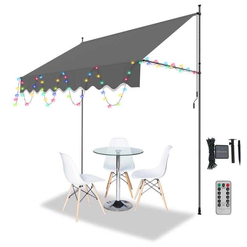 Markise mit LED ohne Bohren Klemmmarkise Balkonmarkise für Terrasse Balkon 250cm Grau
