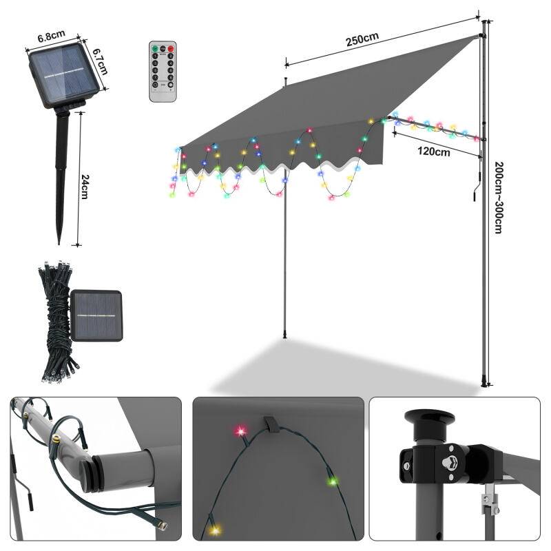 Markise Klemmmarkise mit LED Höhenverstellbare Balkonmarkise Sonnenschutz Markise ohne Bohren für Terrasse Balkon 250cm Grau