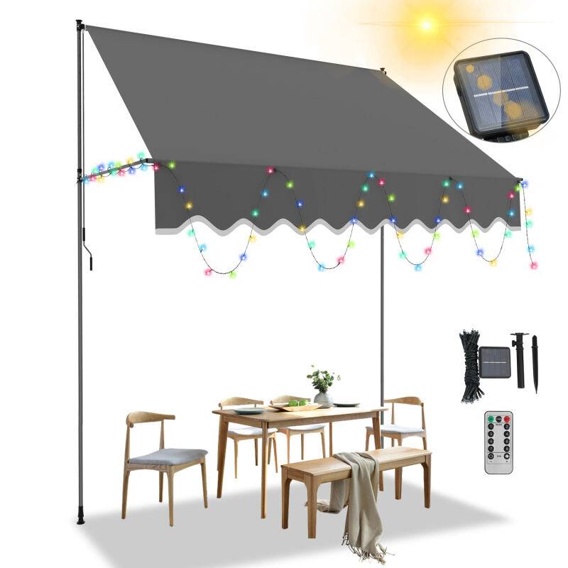 Markise mit LED ohne Bohren Klemmmarkise Balkonmarkise für Terrasse Balkon 300cm Grau