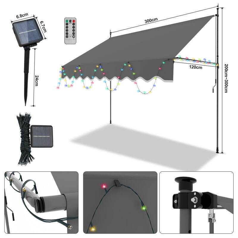 Klemmmarkise mit LED Markise ohne Bohren Höhenverstellbare Balkonmarkise Sonnenmarkise Balkon 300cm Grau