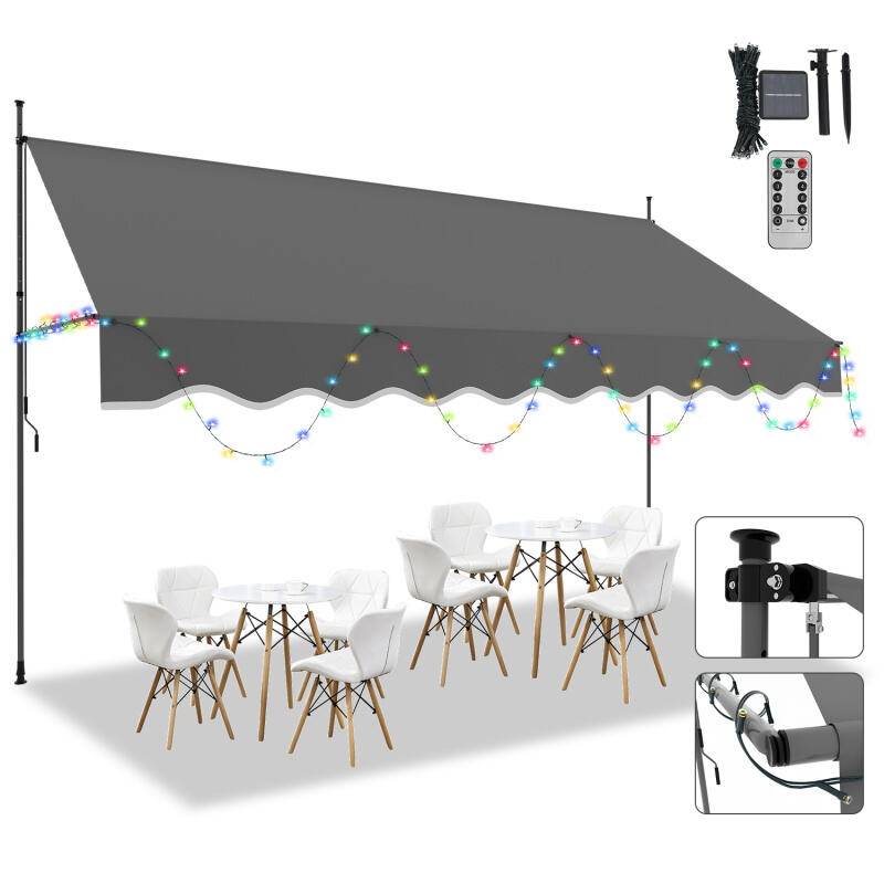 Markise mit LED ohne Bohren Klemmmarkise Balkonmarkise für Terrasse Balkon 400cm Grau