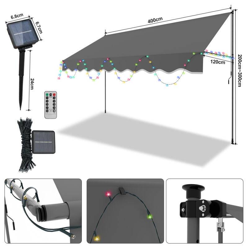 Markise mit LED ohne Bohren Klemmmarkise Balkonmarkise für Terrasse Balkon 400cm Grau